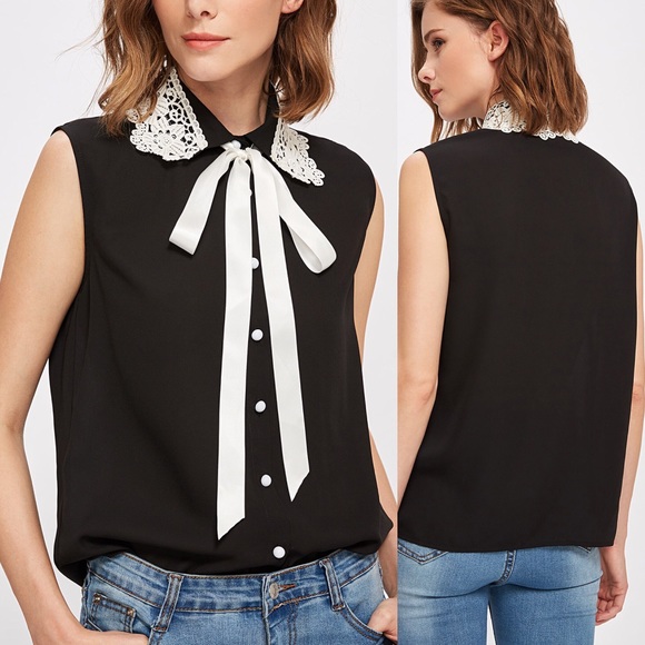 🆕🍒Black sleeveless tie neck blouse w/lace collar - Picture 2 of 6